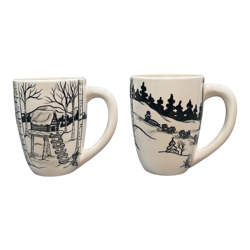 Vtg 1979 Chugiak Alaska Ceramic Mugs Hand Painted Cabin Dogsled Ali Mae WADE